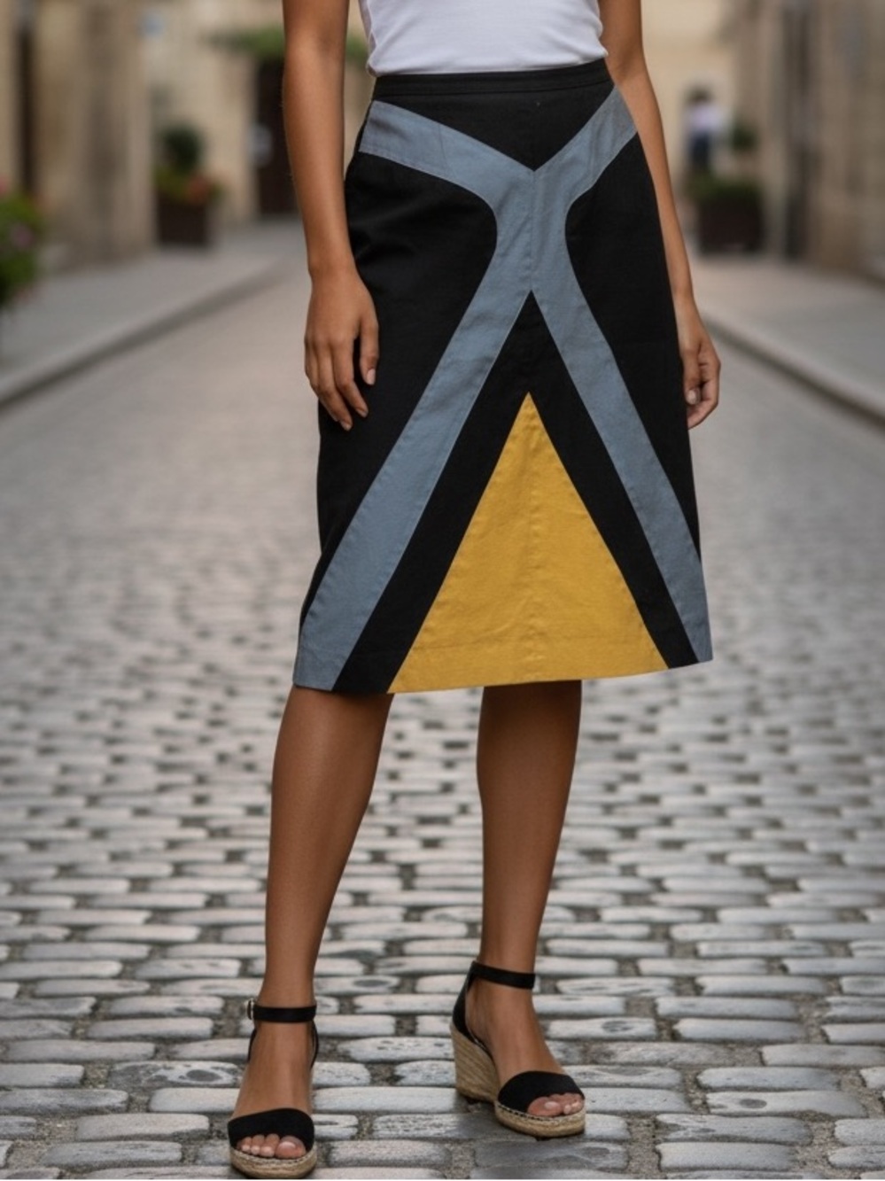 Harve Benard Black, Gray & Yellow Geometric Pencil Skirt